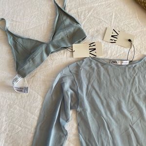 NWT Zara sheer light blue long sleeve with matching bralette. Size small.